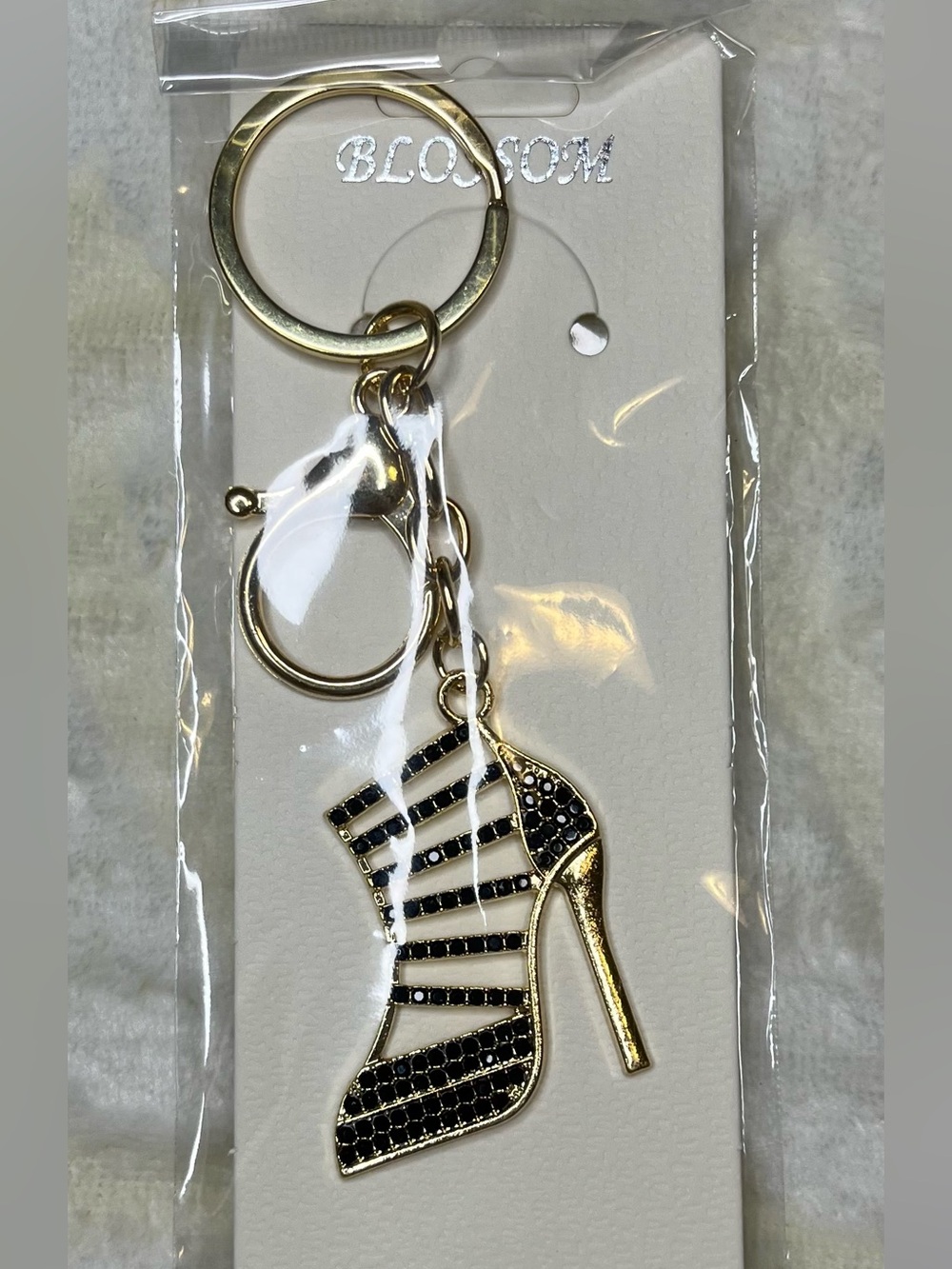 Gold & Black Strappy High Heel Keychain - Women Shoes
